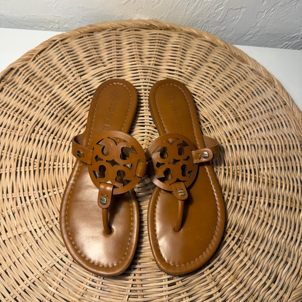 Tory Burch miller Cognac Leather Logo Thong Sandals